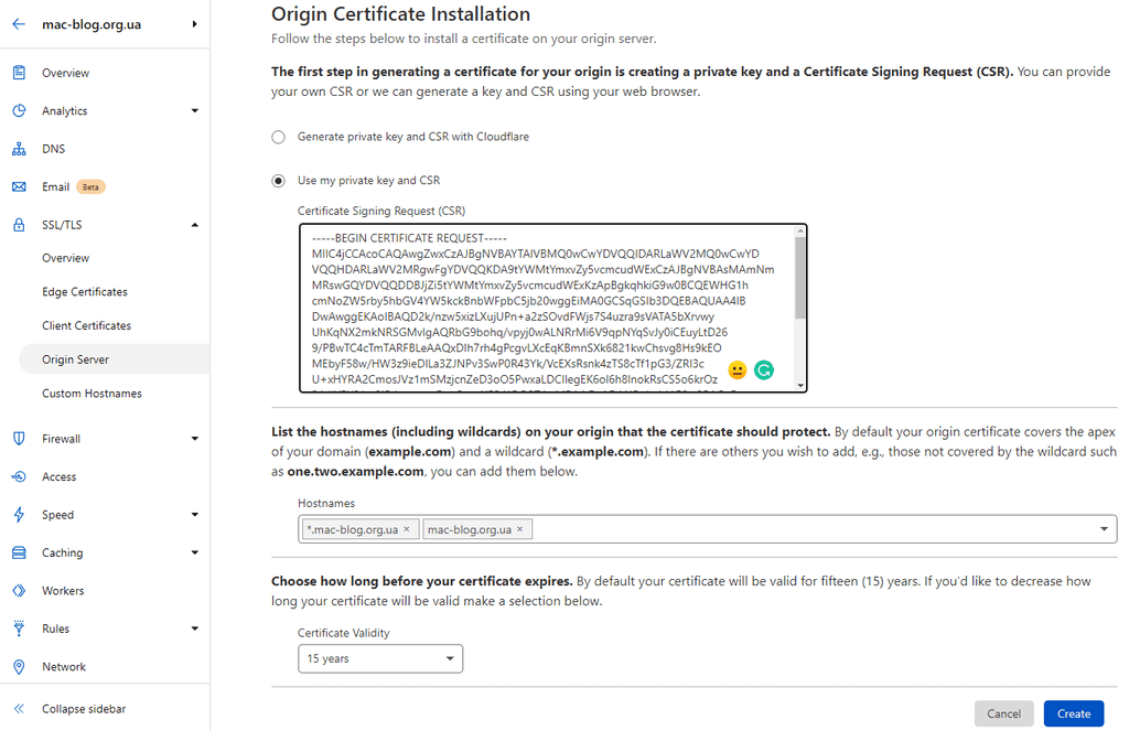 Cloudflare creating certificate from certificate signing request