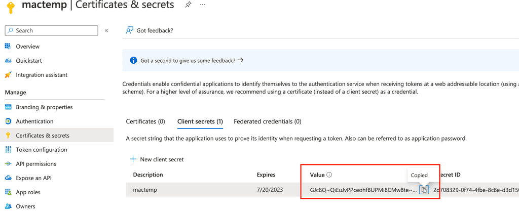 where to create azure app client credentials